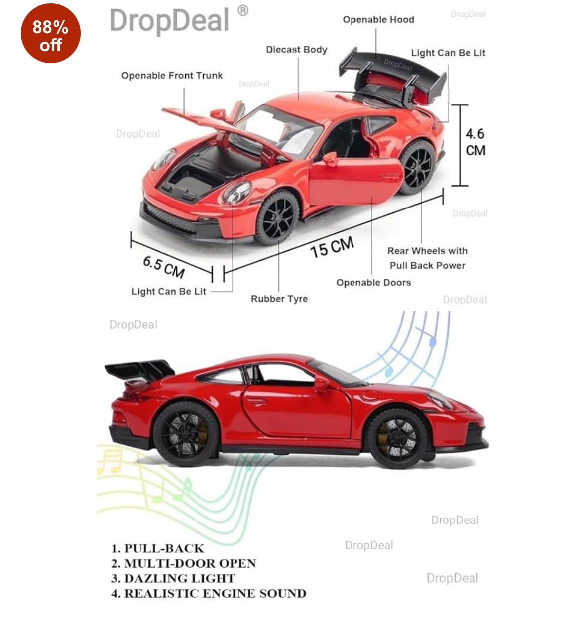 1:32 Porsche 911 GT3 RS Sport Metal Model Toy Car Big Size Diecast with Openable Doors Light Sound Pull Back Features for Play & Gift or showpiece & Collection. (Red)