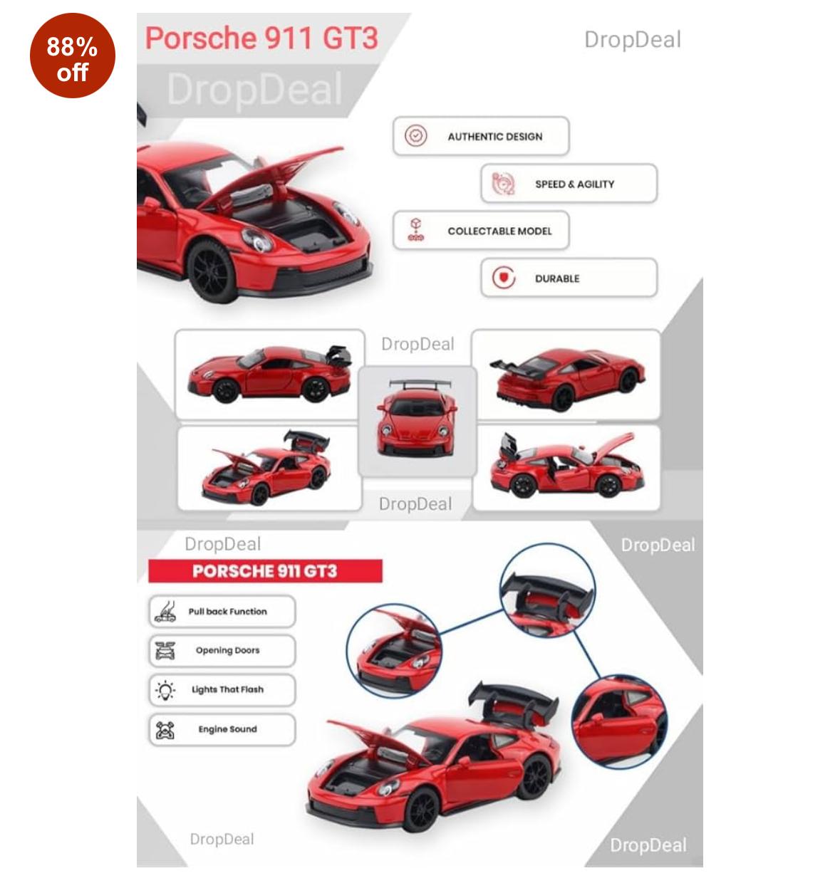 1:32 Porsche 911 GT3 RS Sport Metal Model Toy Car Big Size Diecast with Openable Doors Light Sound Pull Back Features for Play & Gift or showpiece & Collection. (Red)
